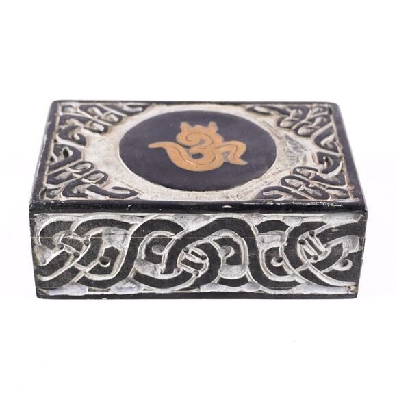Om Spiritual Symbol 6" Carved Stone & Gold Metal Inlay Storage Container Box - Picture 3 of 9